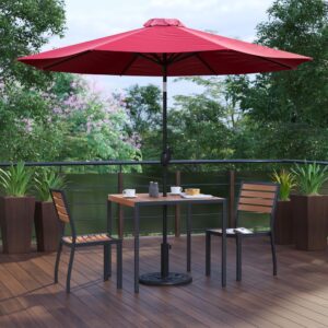 and weatherproof base keep you cool. The trending natural colored synthetic faux teak slats contrast beautifully with the black metal frames and look great in any space. The 18 gauge steel frame of the patio table and aluminum frame of the patio chairs hold up to 300 Lbs. static weight capacity. The 9ft market umbrella boasts push button tilt. Powder coated frames resist nicks and scratches and are weather-resistant though care should be taken to protect from prolonged wet weather. Assembly for all pieces takes less than 30 minutes. Your new set wipes clean with a water based cleaner. Fixed glides maintain the appearance of your hard flooring surfaces when used indoors.