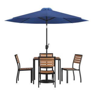 Setting up your outdoor space just got easier with this one stop 7 piece patio set bundle. Refresh the look of your existing entertaining space or add your personal touch to the new house you just moved into. Beautiful synthetic teak slats adorn the 35" square faux teak table and 4 chairs while the polyester tan umbrella
