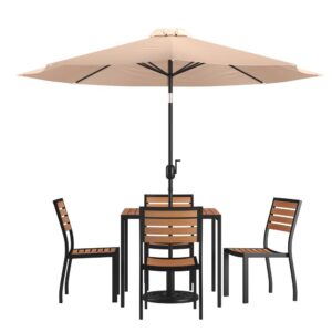 Setting up your outdoor space just got easier with this one stop 7 piece patio set bundle. Refresh the look of your existing entertaining space or add your personal touch to the new house you just moved into. Beautiful synthetic teak slats adorn the 35" square faux teak table and 4 chairs while the polyester tan umbrella