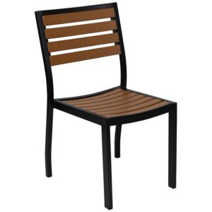 this chair comes fully assembled so you can start enjoying it as soon as you receive it. Create a sophisticated look for your outdoor space with this slatted patio chair that pairs nicely with our outdoor table with faux teak poly slats. Fixed plastic floor glides will allow ease of movement and spills clean up easily with a water based cleaner making this chair very low maintenance. Reduce stress and make the most of your evenings and weekends with this patio dining chair that is sure to become your go-to seat.