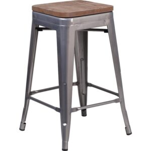 Save on space with this Clear Coated Backless Metal Counter Stool with wood seat. The clean lines and simple design of this square