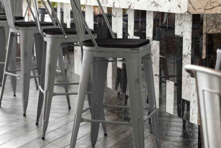 Completely transform your home or office space with this vintage style indoor bar stool with a poly resin seat available in multiple colors. This stylish clear coated stool can rev up any setting and the versatility of this chair easily conforms in different environments. An under-seat cross brace provides additional stability
