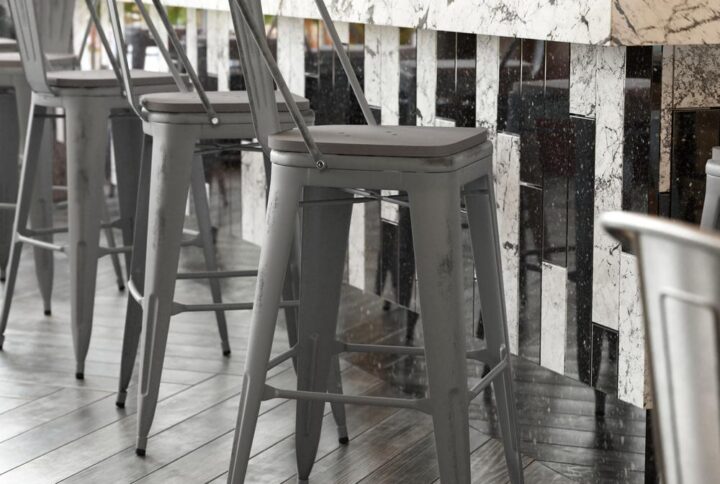 Completely transform your home or office space with this vintage style indoor bar stool with a poly resin seat available in multiple colors. This stylish clear coated stool can rev up any setting and the versatility of this chair easily conforms in different environments. An under-seat cross brace provides additional stability