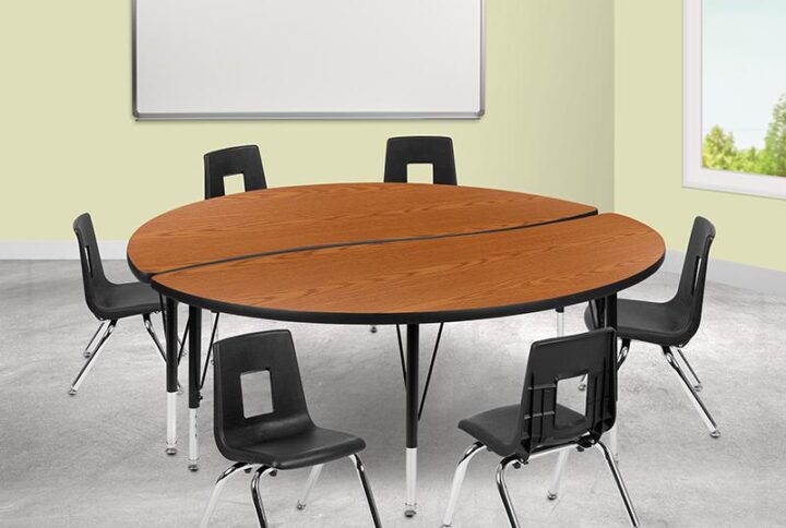 Prepare for a new year by incorporating these modern collaborative table sets in your classroom that are designed to encourage all students to participate in group learning. You can create unlimited combinations using various shapes and colors. With our ergonomic shell student chairs included there is no need to shop around. Practical for any class setting this school table group will last you for many years with its durable thermal fused laminate top that is scratch