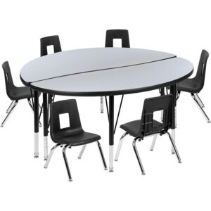 stain and warp resistant. Height adjustable chrome lower legs give you the flexibility to raise or lower the table. Self-leveling nylon floor glides keep the table from wobbling and protect your floor by sliding smoothly when you need to move it. Purchase our pre-built table and chair bundle for your classroom