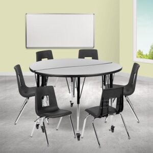 stain and warp resistant. Height adjustable chrome lower legs give you the flexibility to raise or lower the table.  Locking casters allow you to lock each caster as needed to move or lock in place. Purchase our pre-built table and chair bundle for your classroom