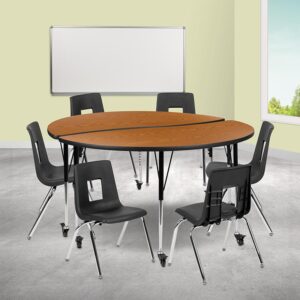 stain and warp resistant. Height adjustable chrome lower legs give you the flexibility to raise or lower the table.  Locking casters allow you to lock each caster as needed to move or lock in place. Purchase our pre-built table and chair bundle for your classroom