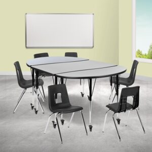 Rearrange your classroom without breaking a sweat with this collaborative mobile table set. Group settings encourage students to interact to work towards a common goal. You can create unlimited combinations using various shapes and colors. With our ergonomic shell student chairs included there is no need to shop around. Practical for any class setting this school table group will last you for many years with its durable thermal fused laminate top that is scratch