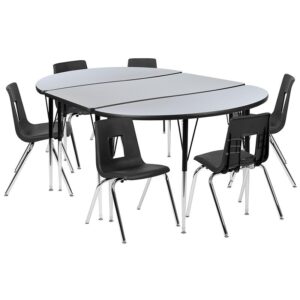 stain and warp resistant. Height adjustable chrome lower legs give you the flexibility to raise or lower the table. Self-leveling nylon floor glides keep the table from wobbling and protect your floor by sliding smoothly when you need to move it. Purchase our pre-built table and chair bundle for your classroom
