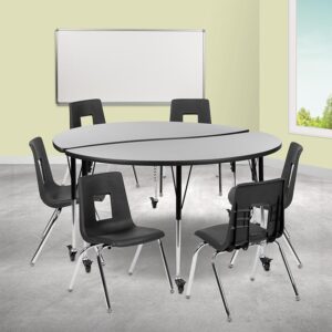 Rearrange your classroom without breaking a sweat with this collaborative mobile table set. Group settings encourage students to interact to work towards a common goal. You can create unlimited combinations using various shapes and colors. With our ergonomic shell student chairs included there is no need to shop around. Practical for any class setting this school table group will last you for many years with its durable thermal fused laminate top that is scratch