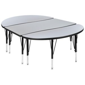 stain and warp resistant. An attractive black powder coated finish protects the upper legs from scratches and height adjustable chrome lower legs give you the flexibility to raise or lower the table a full 9" in 1" increments. Self-leveling nylon floor glides keep the table from wobbling and protect your floor by sliding smoothly when you need to move it. Students of the 21st century will look forward to learning on modern classroom tables