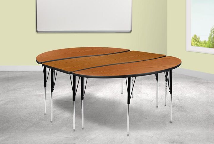 Take your classroom from "yawn" boring to lively with these collaborative wave activity tables that are shaped for group learning success. Students will have plenty of working space on this 3-piece nesting classroom table with two half circle end pieces and a rectangular middle table. Complete with seating by pairing with our ergonomic shell stack chairs. Built to last through many class turnovers the thermal fused laminate top is scratch
