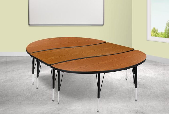 Develop students interpersonal skills with these collaborative wave activity tables that are shaped for group learning success. Students will have plenty of working space on this 3-piece nesting classroom table with two half circle end pieces and a rectangular middle table. Complete with seating by pairing with our ergonomic shell stack chairs. Built to last through many class turnovers the thermal fused laminate top is scratch