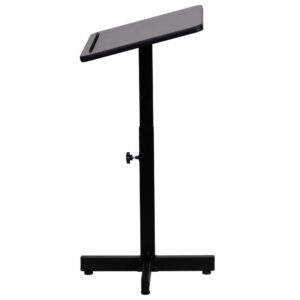 this portable lectern can be easily transferred between rooms. Every classroom from elementary to college should be equipped with a lectern for guest speakers and career day. Boasting a mahogany thermal fused laminate surface and black metal frame