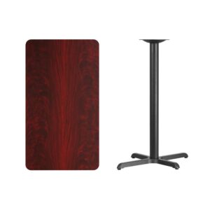break room or cafeteria with this bar height table top and base configuration. This set is designed for commercial use to withstand the daily rigors in the hospitality industry. This set will also make a great option for your home as a dining table or in the rec room. The reversible black or mahogany top allows you to choose your color of choice and then affix to the base. Surface is heat