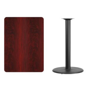 break room or cafeteria with this bar height table top and base configuration.This set is designed for commercial use to withstand the daily rigors in the hospitality industry. This set will also make a great option for your home as a dining table or in the rec room. The reversible black or mahogany top allows you to choose your color of choice and then affix to the base. Surface is heat
