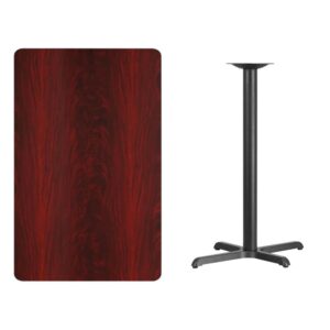break room or cafeteria with this bar height table top and base configuration. This set is designed for commercial use to withstand the daily rigors in the hospitality industry. This set will also make a great option for your home as a dining table or in the rec room. The reversible black or mahogany top allows you to choose your color of choice and then affix to the base. Surface is heat