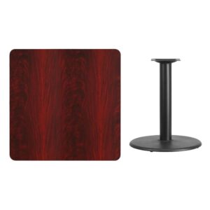 break room or cafeteria with this table top and base configuration.This set is designed for commercial use to withstand the daily rigors in the hospitality industry. This set will also make a great option for your home as a dining table or in the rec room. The reversible black or mahogany top allows you to choose your color of choice and then affix to the base. Surface is heat