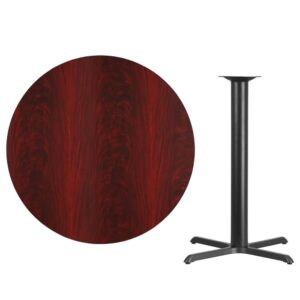break room or cafeteria with this bar height table top and base configuration.This set is designed for commercial use to withstand the daily rigors in the hospitality industry. This set will also make a great option for your home as a dining table or in the rec room. The reversible black or mahogany top allows you to choose your color of choice and then affix to the base. Surface is heat