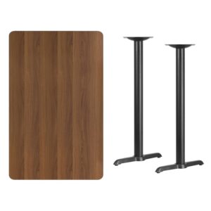 break room or cafeteria with this bar height table top and base configuration. This set is designed for commercial use to withstand the daily rigors in the hospitality industry. This set will also make a great option for your home as a dining table or in the rec room. The reversible natural or walnut top allows you to choose your color of choice and then affix to the base. Surface is heat