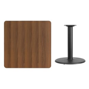 break room or cafeteria with this table top and base configuration.This set is designed for commercial use to withstand the daily rigors in the hospitality industry. This set will also make a great option for your home as a dining table or in the rec room. The reversible natural or walnut top allows you to choose your color of choice and then affix to the base. Surface is heat