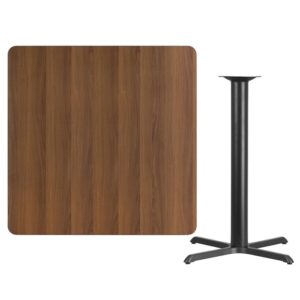 break room or cafeteria with this bar height table top and base configuration.This set is designed for commercial use to withstand the daily rigors in the hospitality industry. This set will also make a great option for your home as a dining table or in the rec room. The reversible natural or walnut top allows you to choose your color of choice and then affix to the base. Surface is heat