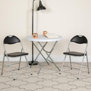 these double braced metal chairs hold up to 300 lbs. This portable chair has a carrying handle to make transporting much easier when storing. No longer be unprepared when guests show up at your front door for an impromptu visit when you can pull these upholstered folding chairs from storage or closet. These chairs fold compactly with a depth of 1.75" they are ideal in homes and businesses where space is an issue. The vinyl upholstery is easy to clean after you've invited everyone over to feast. Minimize the foot traffic in your home by hosting an outdoor gathering while taking advantage of the good weather or so people don't congregate inside your living room. Store these chairs indoors to protect the frames. These padded folding chairs come fully assembled to be of service upon delivery.