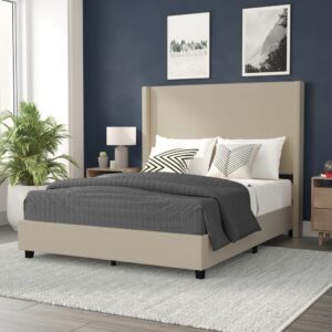 Unwind and relax at the end of the day in your bedroom oasis showcased by this beautiful faux linen upholstered platform bed. Plush foam padding in the headboard and footboard provide an elevated look