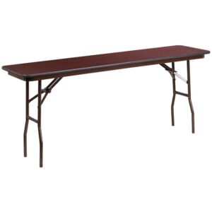 Whether you have a dedicated classroom or a multi-use facility that hosts a myriad of events you need versatile tables that can adapt to their settings. This melamine laminate rectangular folding table with a mahogany finish is invaluable for seminars