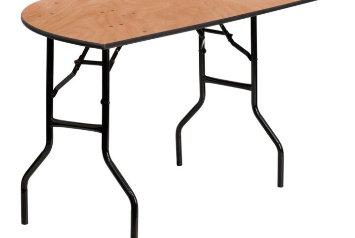 Be ready for your next event with this half-round wood folding table that is a great option for special event planners