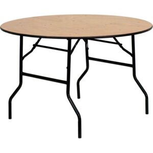 catering companies and banquet facilities. The plywood tabletop is 4' in diameter