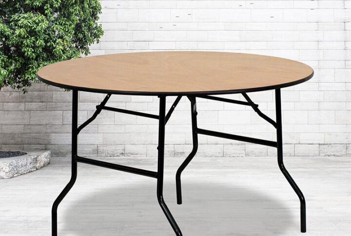Be ready for your next event with this round wood folding table that is a great option for special event planners