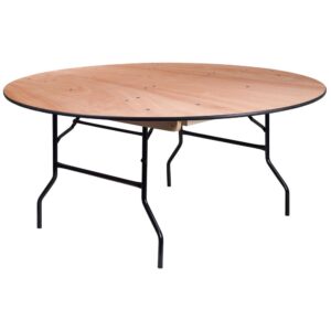 This round wood folding table is a great option for special event planners