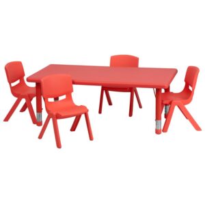 the table has rounded corners and the plastic stack chairs are constructed of metal-free materials. This activity table set serves as a play table or kids dining table in the classroom or home. Built for comfort