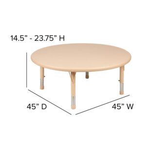 the safety rounded edges reduce injury around rambunctious toddlers. The neutral tone focuses children on learning assignments. Adjustable height legs give you the flexibility to raise or lower to accommodate kids up to the age of 7. Children appreciate having their own area within the common areas of the home. This activity table serves as a play table or kids dining table. Host birthday parties and play dates while accommodating 4 children around this round plastic table. Don't let spills ruin the fun