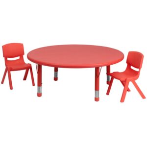 Setup a collaborative table set for kids to interact by using round activity tables. Designed for safety around rambunctious toddlers