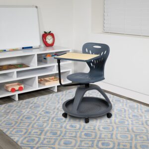 students are more likely to be working from laptops and tablets than with pencil and paper and mobility can have a great impact on how they learn. This mobile desk chair is perfect for the 21st century style of remote learning and collaborative classroom environments. The tablet arm provides ample work surface for a tablet or laptop and rotates 360 degrees for multi-position use. The seat swivels independently of the bottom to reach multiple surfaces without strain. Keep their work surface free of clutter and ensure each student has what they need by storing personal belongings in the built-in cubby under the seat that will hold up to 22 pounds. If you have children with sensory