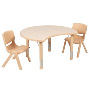 Setup a collaborative table set for kids to interact by using crescent shaped activity tables. Designed for safety around rambunctious toddlers