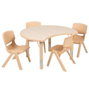Setup a collaborative table set for kids to interact by using crescent shaped activity tables. Designed for safety around rambunctious toddlers
