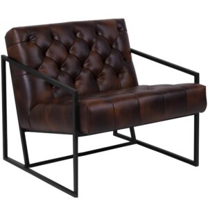 Transform your space and give visitors to your home or business something visually stimulating with this unique lounge chair. This versatile chair boasts an integrated frame that not only acts as an accent piece but also features slanted arms. The tufted back and seat done in bomber jacket LeatherSoft upholstery give this piece a retro look that your clients and guests will notice. LeatherSoft is leather and polyurethane for added softness and durability. Set a trend with this cozy lounge chair that will be just as at stunning in your home as an accent chair as it is in your reception area.