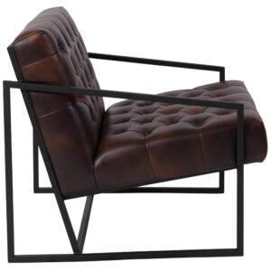 Transform your space and give visitors to your home or business something visually stimulating with this unique lounge chair. This versatile chair boasts an integrated frame that not only acts as an accent piece but also features slanted arms. The tufted back and seat done in bomber jacket LeatherSoft upholstery give this piece a retro look that your clients and guests will notice. LeatherSoft is leather and polyurethane for added softness and durability. Set a trend with this cozy lounge chair that will be just as at stunning in your home as an accent chair as it is in your reception area.