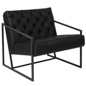 Transform your space and give visitors to your home or business something visually stimulating with this unique lounge chair. This versatile chair boasts an integrated frame that not only acts as an accent piece but also features slanted arms. The tufted back and seat done in black LeatherSoft upholstery give this piece a retro look that your clients and guests will notice. LeatherSoft is leather and polyurethane for added softness and durability. Set a trend with this cozy lounge chair that will be just as at stunning in your home as an accent chair as it is in your reception area.