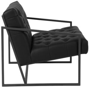 Transform your space and give visitors to your home or business something visually stimulating with this unique lounge chair. This versatile chair boasts an integrated frame that not only acts as an accent piece but also features slanted arms. The tufted back and seat done in black LeatherSoft upholstery give this piece a retro look that your clients and guests will notice. LeatherSoft is leather and polyurethane for added softness and durability. Set a trend with this cozy lounge chair that will be just as at stunning in your home as an accent chair as it is in your reception area.