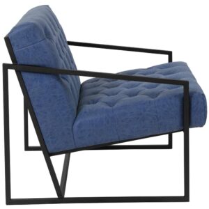 Transform your space and give visitors to your home or business something visually stimulating with this unique lounge chair. This versatile chair boasts an integrated frame that not only acts as an accent piece but also features slanted arms. The tufted back and seat done in blue LeatherSoft upholstery give this piece a retro look that your clients and guests will notice. LeatherSoft is leather and polyurethane for added softness and durability. Set a trend with this cozy lounge chair that will be just as at stunning in your home as an accent chair as it is in your reception area.