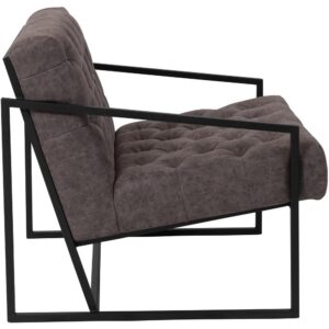 Transform your space and give visitors to your home or business something visually stimulating with this unique lounge chair. This versatile chair boasts an integrated frame that not only acts as an accent piece but also features slanted arms. The tufted back and seat done in light gray LeatherSoft upholstery give this piece a retro look that your clients and guests will notice. LeatherSoft is leather and polyurethane for added softness and durability. Set a trend with this cozy lounge chair that will be just as at stunning in your home as an accent chair as it is in your reception area.