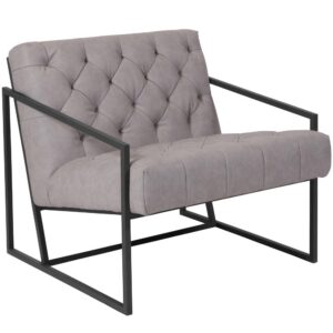 Transform your space and give visitors to your home or business something visually stimulating with this unique lounge chair. This versatile chair boasts an integrated frame that not only acts as an accent piece but also features slanted arms. The tufted back and seat done in white LeatherSoft upholstery give this piece a retro look that your clients and guests will notice. LeatherSoft is leather and polyurethane for added softness and durability. Set a trend with this cozy lounge chair that will be just as at stunning in your home as an accent chair as it is in your reception area.