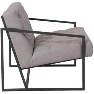 Transform your space and give visitors to your home or business something visually stimulating with this unique lounge chair. This versatile chair boasts an integrated frame that not only acts as an accent piece but also features slanted arms. The tufted back and seat done in white LeatherSoft upholstery give this piece a retro look that your clients and guests will notice. LeatherSoft is leather and polyurethane for added softness and durability. Set a trend with this cozy lounge chair that will be just as at stunning in your home as an accent chair as it is in your reception area.