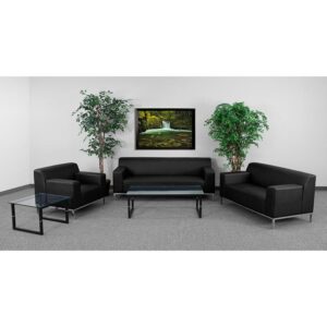 Set up a comfortable waiting area in your reception or office space with the Definity Series Reception Set. Each chair from this set has a fixed seat and back cushions that provide excellent body support while their straight arms offer additional comfort. This contemporary reception set features a back that slightly protrudes pasts the arms and stainless steel legs that elevate it off the ground. This set will adapt in a variety of environments with its clean line appearance