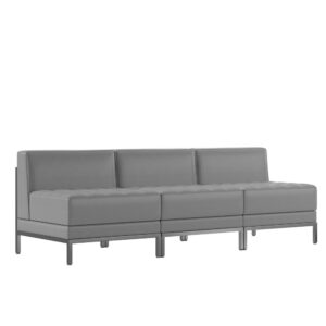 customers and guests with this lovely gray LeatherSoft upholstered lounge set. LeatherSoft is leather and polyurethane for softness and durability. The striking stainless steel legs and frame lend an air of sophistication to this modular set to make it stand out. Featuring a taut back and biscuit tufted seat this reception seating group will add elegance to any decor. Thickly padded cushions with CAL 117 fire retardant foam