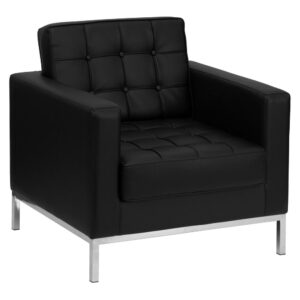Make a great impression on your clients and customers with this handsome contemporary black reception chair boasting LeatherSoft upholstery. A stainless steel frame and integrated legs give this chair added strength and a distinctive on-trend style that will look great in your waiting room